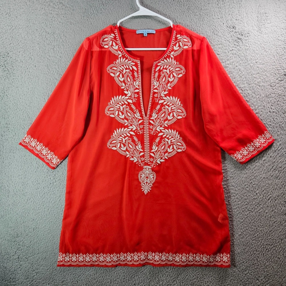 Antonio Melani Top Blouse Women Medium White Embroidered Red Orange Lightweight
